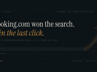 Dark poster with the white headline 'Booking.com won the search.' and gold subheading 'Win the last click.' on the left, plus a gold rising chart on the right and small caption lines across the page, conveying a marketing/infographic message.