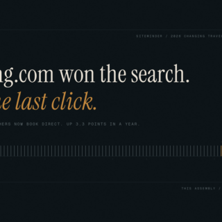 Dark poster with the white headline 'Booking.com won the search.' and gold subheading 'Win the last click.' on the left, plus a gold rising chart on the right and small caption lines across the page, conveying a marketing/infographic message.