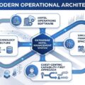 Central hexagon labeled Enterprise Hotel Management System connected to four modules via blue pathways.
