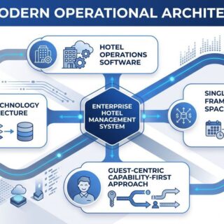 Central hexagon labeled Enterprise Hotel Management System connected to four modules via blue pathways.