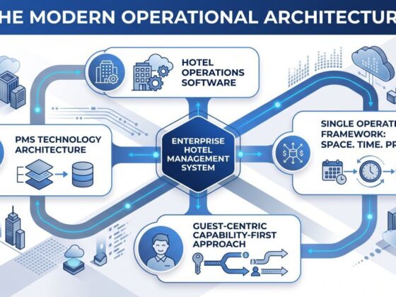 Central hexagon labeled Enterprise Hotel Management System connected to four modules via blue pathways.