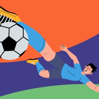 Soccer goalkeeper dives to block a large soccer ball on a colorful abstract background, mid-save pose, feet off the ground.