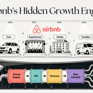 Airbnb’s Hidden Growth Engine: a showroom with Cars, Experiences, Hotels and Transfers above a multicolored pipeline labeled Airbnb Supply → API → Partners → New Demand, feeding transportation and buildings below.