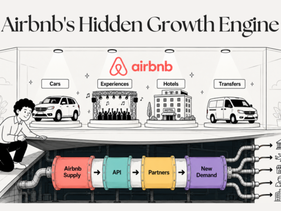 Airbnb’s Hidden Growth Engine: a showroom with Cars, Experiences, Hotels and Transfers above a multicolored pipeline labeled Airbnb Supply → API → Partners → New Demand, feeding transportation and buildings below.
