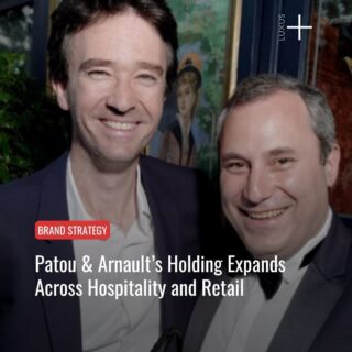Two men in tuxedos smiling at a social event; magazine-style cover with 'Brand Strategy' tag and headline about expansion in hospitality and retail.