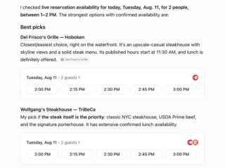 Dialog-style restaurant reservations interface showing 'Best picks' for Tuesday, Aug 11, with Del Frisco's Grille, Wolfgang's Steakhouse, and La Boca by Francis Mallmann, plus available dining times and a search bar.