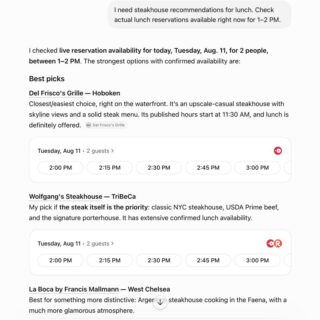 Dialog-style restaurant reservations interface showing 'Best picks' for Tuesday, Aug 11, with Del Frisco's Grille, Wolfgang's Steakhouse, and La Boca by Francis Mallmann, plus available dining times and a search bar.