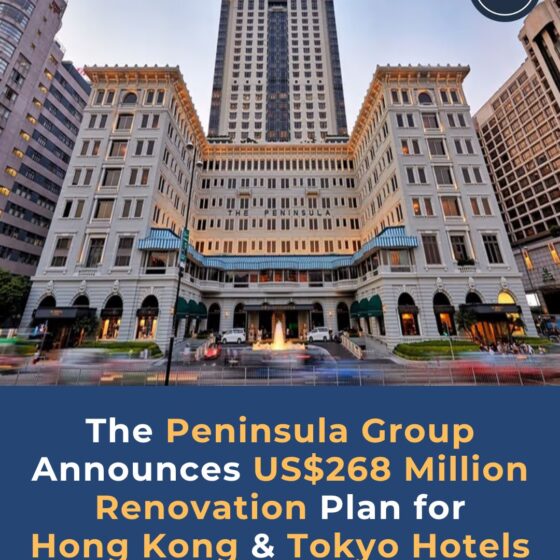 Promotional cover showing The Peninsula building with a blue banner: The Peninsula Group announces US$268 million renovation plan for Hong Kong & Tokyo hotels (Tourism Insights).