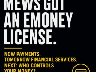 Advertisement for MEWS: white large headline on black background with yellow subheading about payments and financial services, plus a yellow card icon and MEWS logo at the bottom left.