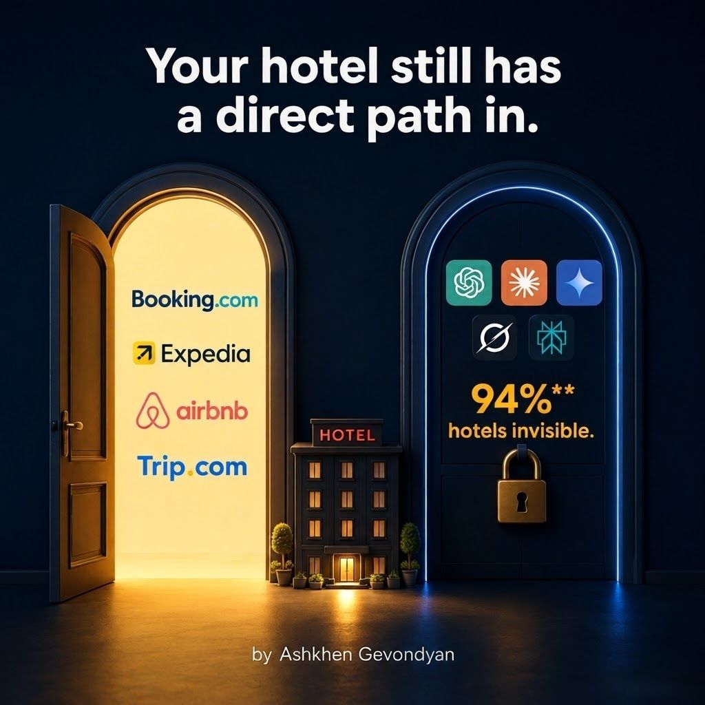 I know why 94%** of hotels can’t be found by AI. A year ago people who came to a travel website from ChatGPT or other AI booked 47% less than people who came from Google.* Today that difference is… | Ashkhen Gevondyan