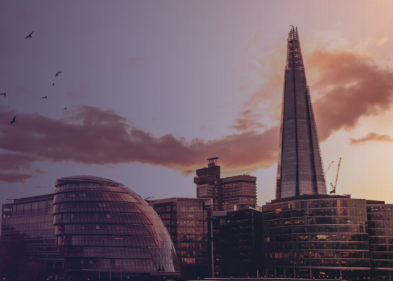 Silhouette of London's skyline at sunset, featuring The Shard and rounded city buildings against a pink‑orange sky with a few birds in flight.