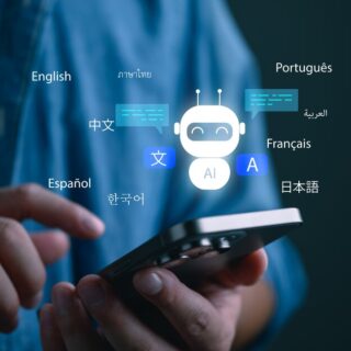 AI-powered translation concept: friendly robot icon above a smartphone with multilingual labels (English, Español, 中文, 日本語, العربية, Português, Français, 한국어, Deutsch) around it.