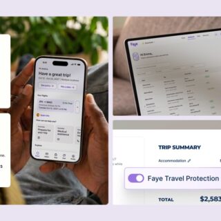 Collage of travel app screens: wallet notification, flight and medical safety info, and trip costs on a laptop and phone.