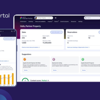 Marketing image showing Agoda Partner Portal UI across desktop and mobile screens on a dark purple background, illustrating the product interface for partners.