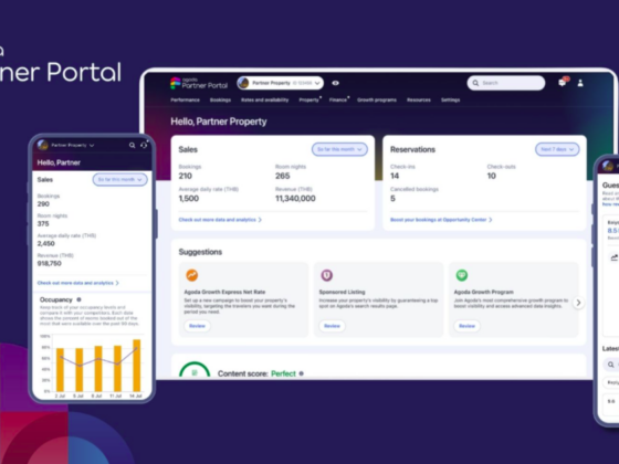 Marketing image showing Agoda Partner Portal UI across desktop and mobile screens on a dark purple background, illustrating the product interface for partners.