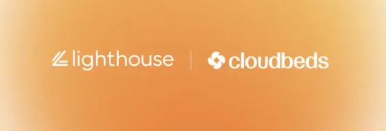 Lighthouse and Cloudbeds logos side by side on an orange gradient background.