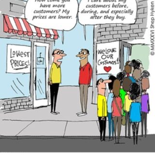 Cartoon showing two shopkeepers arguing over price while a crowd watches; captions promote caring for customers over low prices (Anyone can compete on price...).