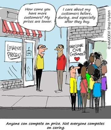 Cartoon showing two shopkeepers arguing over price while a crowd watches; captions promote caring for customers over low prices (Anyone can compete on price...).