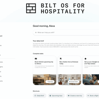 Screenshot of a hospitality platform dashboard with a left navigation, greeting, search bar, and three task cards labeled 'Complete tasks' – for travel management.