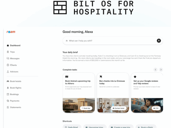 Screenshot of a hospitality platform dashboard with a left navigation, greeting, search bar, and three task cards labeled 'Complete tasks' – for travel management.