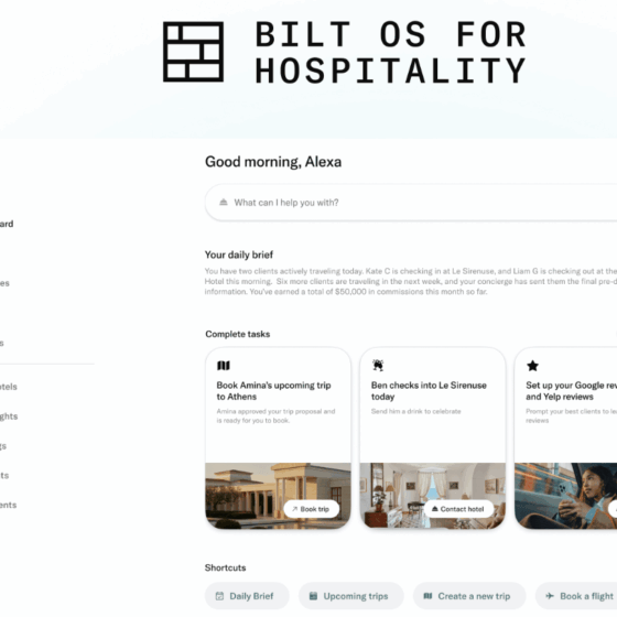 Screenshot of a hospitality platform dashboard with a left navigation, greeting, search bar, and three task cards labeled 'Complete tasks' – for travel management.