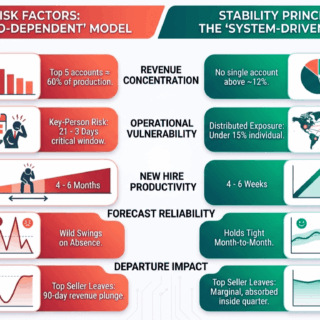Two-column infographic contrasting Risk (left) and Stability (right) with icons and labeled factors like revenue concentration vs distributed exposure, across five dimensions: risk vs stability model.