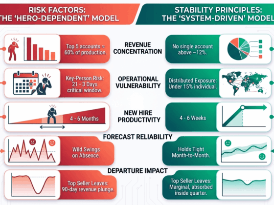 Two-column infographic contrasting Risk (left) and Stability (right) with icons and labeled factors like revenue concentration vs distributed exposure, across five dimensions: risk vs stability model.