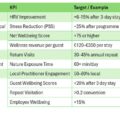 Table of KPI targets by category for HTWW Life, listing Physical HRV Improvement (+6–15%), Psychological Stress Reduction (−25%), Experience Net Wellbeing Score (+75+), Business Wellness revenue per guest (€120–€350), Loyalty Return Visits (30–45% annual repeat), Environment Nature Exposure Time (60+ min/day), Culture Local Practitioner Engagement (50–80% local), Hospitality Guest Wellbeing Scores (+20% after 3 days), Repeat Visitation (>0.2 conversion), Employee Wellbeing (+15%).