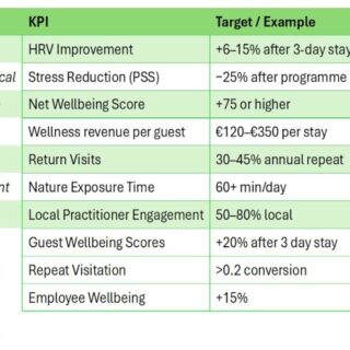 Table of KPI targets by category for HTWW Life, listing Physical HRV Improvement (+6–15%), Psychological Stress Reduction (−25%), Experience Net Wellbeing Score (+75+), Business Wellness revenue per guest (€120–€350), Loyalty Return Visits (30–45% annual repeat), Environment Nature Exposure Time (60+ min/day), Culture Local Practitioner Engagement (50–80% local), Hospitality Guest Wellbeing Scores (+20% after 3 days), Repeat Visitation (>0.2 conversion), Employee Wellbeing (+15%).