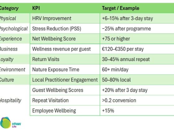 Table of KPI targets by category for HTWW Life, listing Physical HRV Improvement (+6–15%), Psychological Stress Reduction (−25%), Experience Net Wellbeing Score (+75+), Business Wellness revenue per guest (€120–€350), Loyalty Return Visits (30–45% annual repeat), Environment Nature Exposure Time (60+ min/day), Culture Local Practitioner Engagement (50–80% local), Hospitality Guest Wellbeing Scores (+20% after 3 days), Repeat Visitation (>0.2 conversion), Employee Wellbeing (+15%).