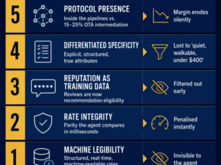 Infographic titled The Agent-Readiness Model showing 5 levels of agent readiness with descriptions and outcomes, from 5: Protocol presence to 1: Machine legibility, plus a bottom slogan.