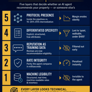 Infographic titled The Agent-Readiness Model showing 5 levels of agent readiness with descriptions and outcomes, from 5: Protocol presence to 1: Machine legibility, plus a bottom slogan.