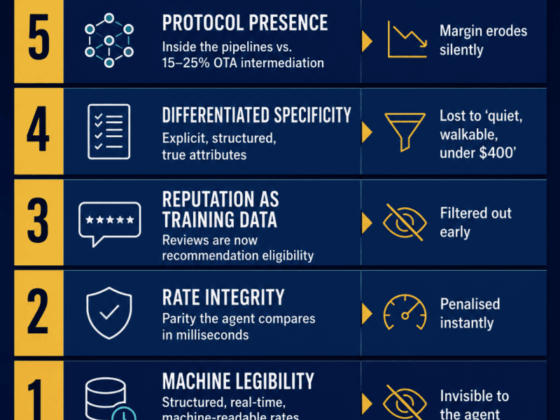 Infographic titled The Agent-Readiness Model showing 5 levels of agent readiness with descriptions and outcomes, from 5: Protocol presence to 1: Machine legibility, plus a bottom slogan.