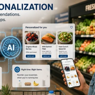 Woman in a denim jacket shops in a grocery store while holding a smartphone displaying personalized AI grocery recommendations. Behind her, floating panels show AI-powered offers and product cards for organic berries, salmon, and a kale salad kit to illustrate personalized shopping suggestions.