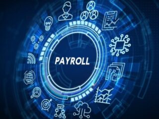 Payroll technology concept: central 'PAYROLL' with surrounding icons (people, charts, documents, circuits) in a blue circular design.