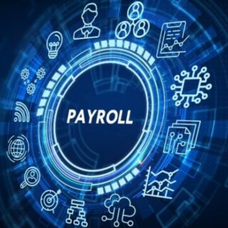 Payroll technology concept: central 'PAYROLL' with surrounding icons (people, charts, documents, circuits) in a blue circular design.