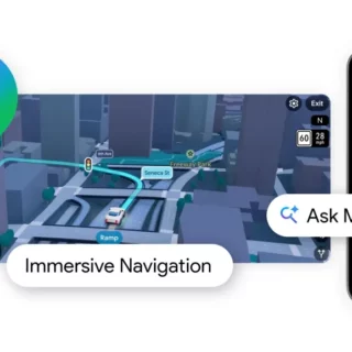 Feature image showing immersive in-car navigation on a large touchscreen with a map route and a separate mobile screen for Ask Maps.