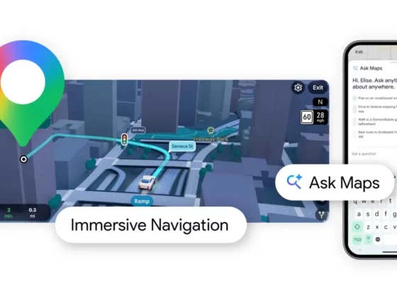 Feature image showing immersive in-car navigation on a large touchscreen with a map route and a separate mobile screen for Ask Maps.