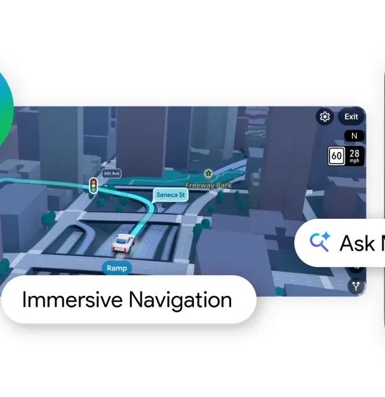 Feature image showing immersive in-car navigation on a large touchscreen with a map route and a separate mobile screen for Ask Maps.