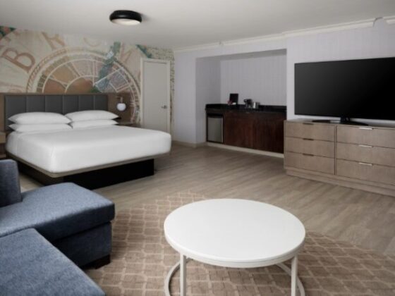 Hotel room with a king bed against a mural wall, a blue sofa, round white coffee table, and a flat-screen TV on a dresser.