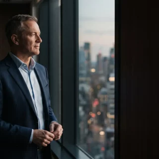 Businessman in a navy suit standing by a window, gazing at a city skyline.