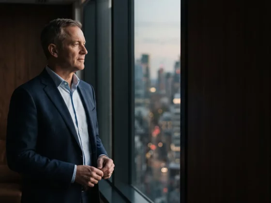 Businessman in a navy suit standing by a window, gazing at a city skyline.