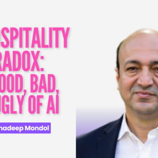 Large pink title reads 'The Hospitality Paradox: The Good, Bad, And Ugly Of AI' with a purple 'By Swarnadeep Mondol' badge; a portrait of a man in a suit on the right; Thynk logo in the top-right.