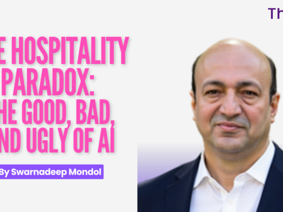 Large pink title reads 'The Hospitality Paradox: The Good, Bad, And Ugly Of AI' with a purple 'By Swarnadeep Mondol' badge; a portrait of a man in a suit on the right; Thynk logo in the top-right.