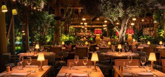 Warm, candlelit restaurant interior with neatly set tables, wine glasses, and lush greenery throughout.