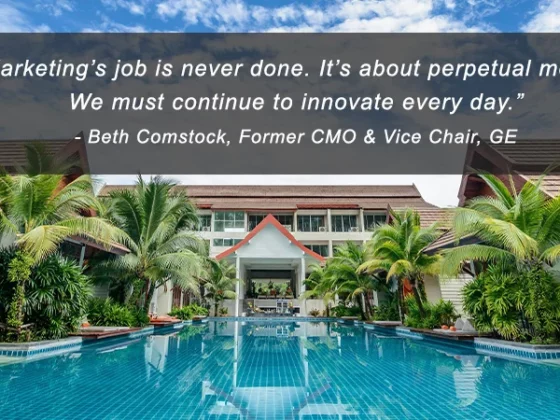 Quote over a tropical resort pool: 'Marketing's job is never done. It's about perpetual motion. We must continue to innovate every day.' — Beth Comstock, former CMO & Vice Chair, GE.
