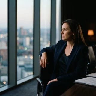 Businesswoman in a navy blazer sits by a large window, gazing at a cityscape with papers and glasses on the desk beside her.
