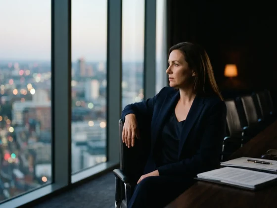 Businesswoman in a navy blazer sits by a large window, gazing at a cityscape with papers and glasses on the desk beside her.