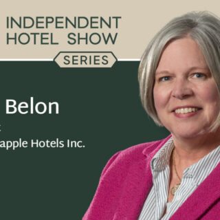 Dina Belon, President of Staypineapple Hotels Inc., smiling on a promotional banner for the Independent Hotel Show Series (2026).