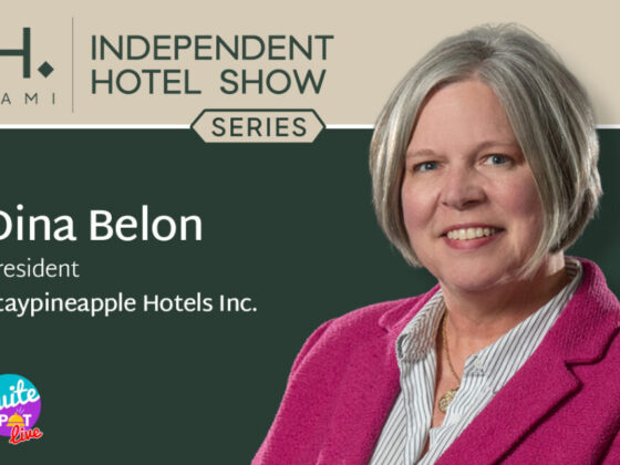 Dina Belon, President of Staypineapple Hotels Inc., smiling on a promotional banner for the Independent Hotel Show Series (2026).